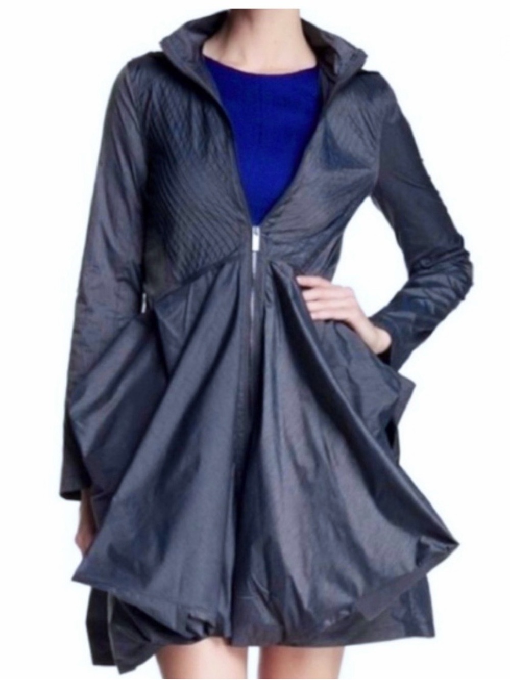 Zac Posen Asymmetric Pleated Rain Jacket In Navy | Size M